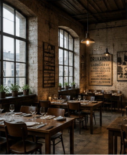 Sala restauracyjna Lavionis Guide z ceglanymi ścianami, wysokimi oknami i nakrytymi stołami w dawnej pracowni drukarskiej