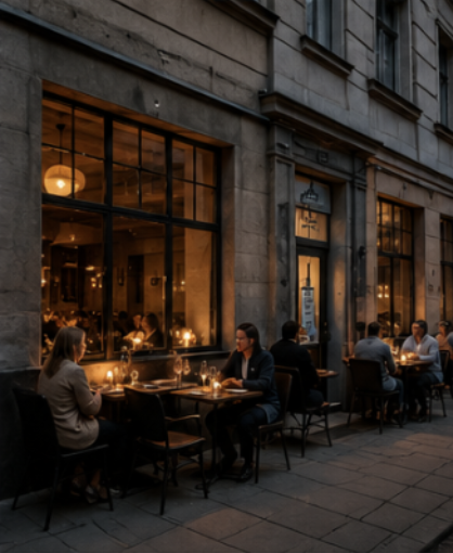 Stoliki restauracyjne przy oknach i na chodniku przed Lavionis Guide wieczorem